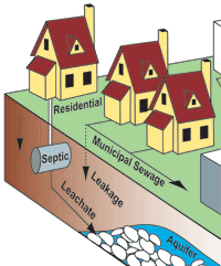 drawing of three houses on top of land that is side cut to show septic leachate and municpal sewage leakage traveling into an aquifer