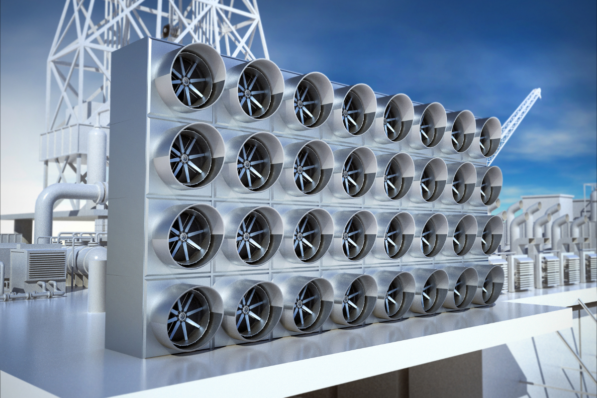 Bank of Direct Air Capture intake fans to capture carbon dioxide from the atmosphere